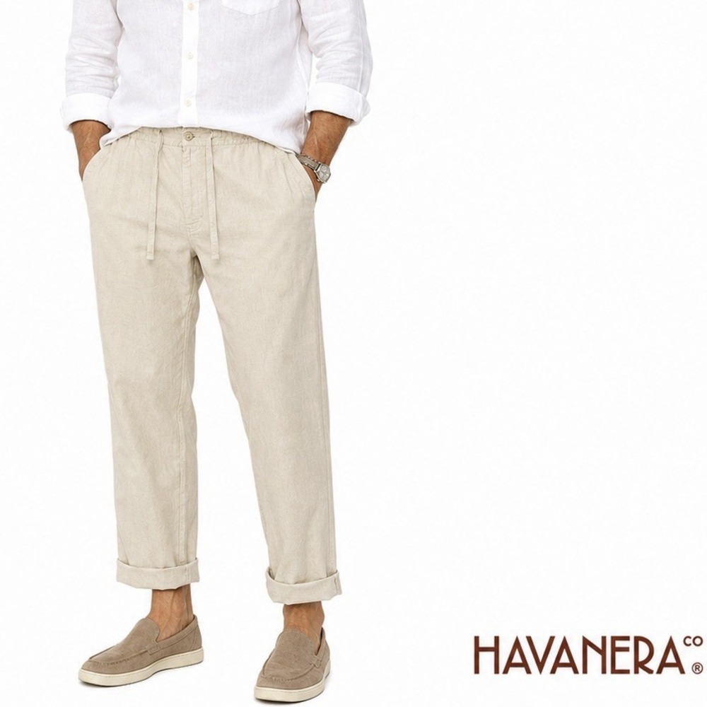 Havanera Mens XXL Beach Linen Blend Pants Ivory Drawstring Relaxed Fit Cuff Hem